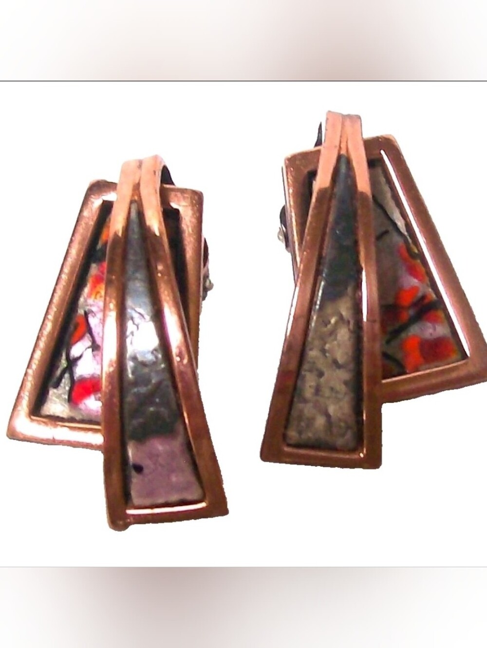 Vintage MATISSE RENOIR COPPER ENAMEL MODERNIST Clip On Earrings-Signed-c1950s